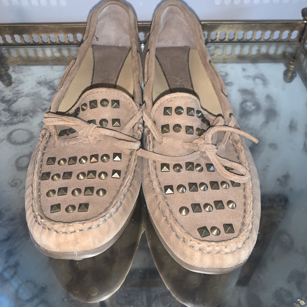 VAN ELI Shoes Womens 6  Tan Suede Bronze Studded Top Moccasin Driving‎ Loafers - Picture 4 of 7
